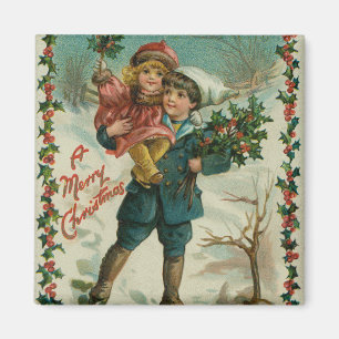 Frohe Weihnachten - Retro-Postkarte, Kinder, Stech Magnet