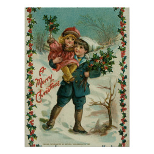 Frohe Weihnachten - Retro-Postkarte, Kinder, Stech Poster
