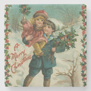 Frohe Weihnachten - Retro-Postkarte, Kinder, Stech Steinuntersetzer