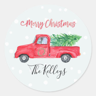 Frohe Weihnachten   Retro Red Truck Gift Tag Runder Aufkleber