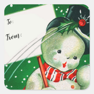 Frohe Weihnachten | Retro Snowman Gift Tag Quadratischer Aufkleber