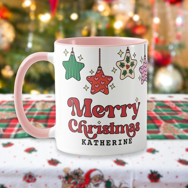 Frohe Weihnachten Retro Star Ornaments Custom Tasse (cute custom retro merry christmas mug featuring star ornaments)