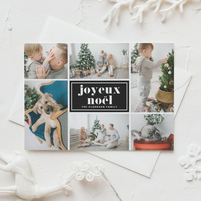 Frohe Weihnachten Retro-Typografie Schwarze Fotoco (Customizable photo collage holiday postcard featuring joyeux noël in retro bold typography.)