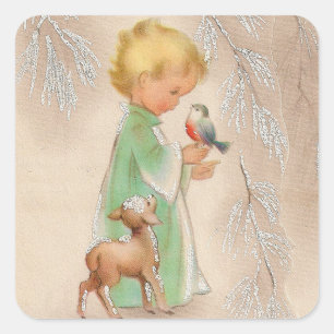 Frohe Weihnachten   Retro Winter Child mit Freunde Quadratischer Aufkleber