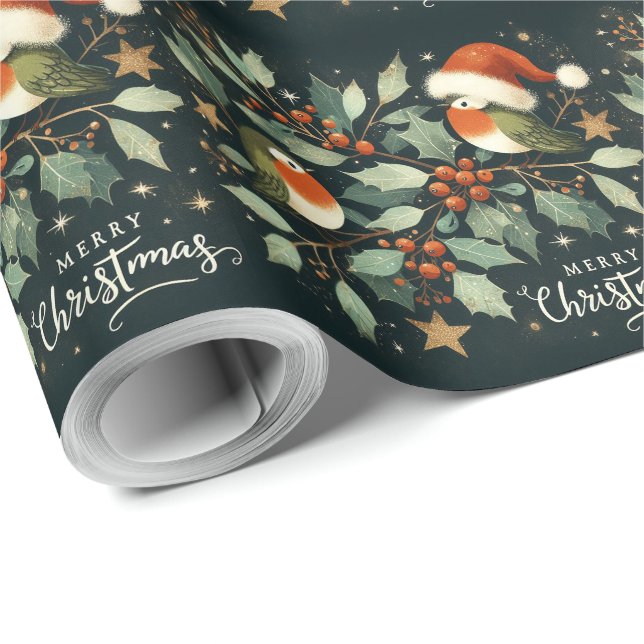 Frohe Weihnachten Robin Mistletoe Wreath Geschenkpapier (Rolleneckpunkt)