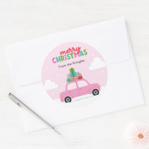 Frohe Weihnachten Rosa Auto mit Geschenken in Past Runder Aufkleber