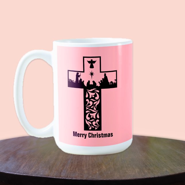 Frohe Weihnachten Rosa Kreuz | Geburt Kaffeetasse (Merry Christmas Pink Cross | Nativity Coffee Mug)