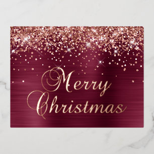 Frohe Weihnachten Rose Gold Glitter Burgunderrot Folien Feiertagspostkarte