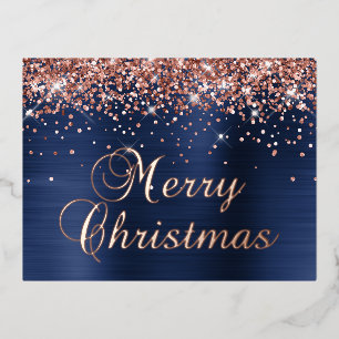 Frohe Weihnachten Rose Gold Glitter Navy Blau Glam Folien Feiertagspostkarte