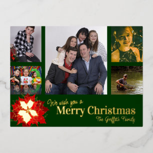 Frohe Weihnachten rot 5 Fotos rot grüne Poinsettia Folien Feiertagspostkarte