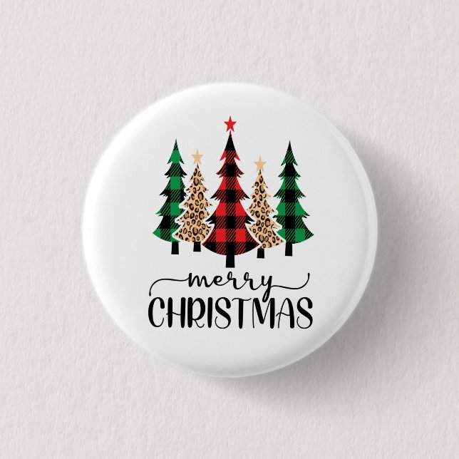 Frohe Weihnachten Rot Grün Karierte Bäume Button (Vorderseite)