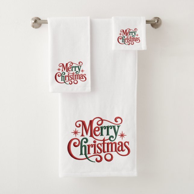 Frohe Weihnachten Rot & Grün Stickerei Typografie Badhandtuch Set (Insitu)