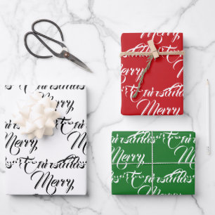 Frohe Weihnachten rot grün weiß elegante Schrift Geschenkpapier Set