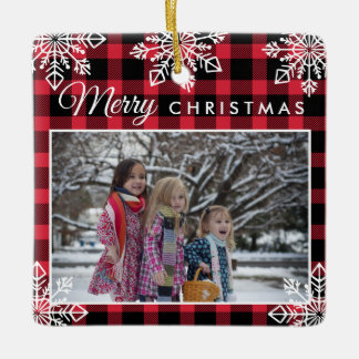 Frohe Weihnachten Rot kariert Schneeflocken 2 Foto Keramikornament