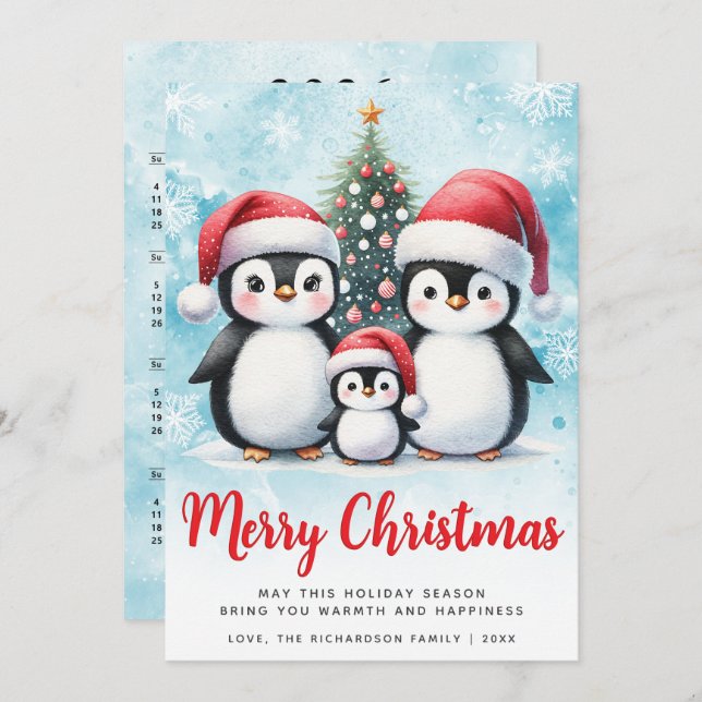 Frohe Weihnachten Rot und Blau Niedlich Pinguin Fa (Vorne/Hinten)