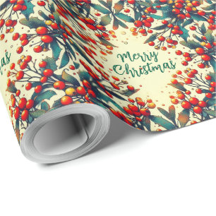 Frohe Weihnachten Rote Beeren Vintage Mistelzweig  Geschenkpapier