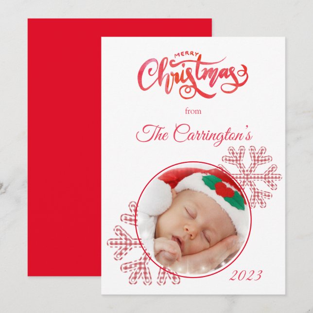 Frohe Weihnachten Rote Karierte Schneeflocken Foto (Vorne/Hinten)