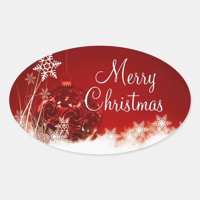 Frohe Weihnachten Rote Ornament Snowflake Oval Sie Ovaler Aufkleber (Vorderseite)