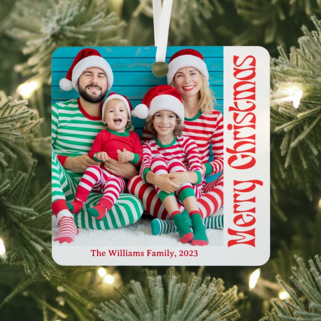 frohe Weihnachten Rote Retro-Kalligrafie 2 Fotos Ornament Aus Metall (InSitu)