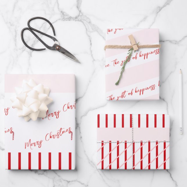 Frohe Weihnachten Rote Streifen & Soft Pink Geschenkpapier Set (Vorderseite)