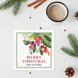 Frohe Weihnachten Rote Wasserfarbe Beere Grüner Ra Serviette