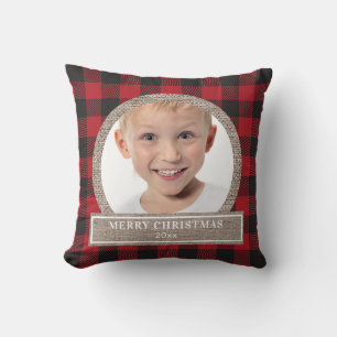 Frohe Weihnachten Roter Büffel Karo Jute Foto Kissen