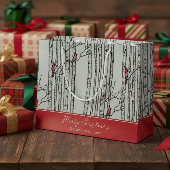 Frohe Weihnachten Roter Kardinal Bird & Birch Tree Große Geschenktüte (Modern Nature Wildlife Pattern. Hand Drawn Cardinal Birds in Winter Birch Tree Forest. Red & Green)