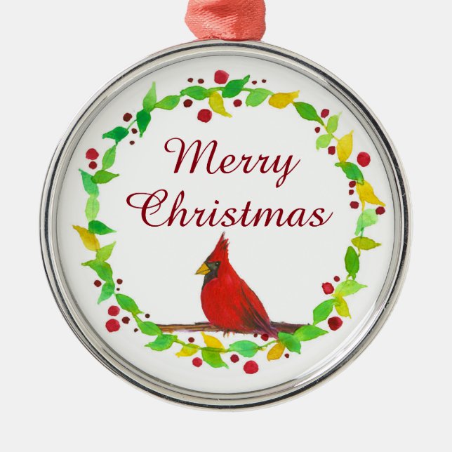 Frohe Weihnachten Roter Kardinal Wasserfarbe Silbernes Ornament (Vorne)