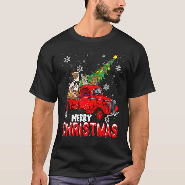 Frohe Weihnachten Roter Lieferwagen Truck Xmas Tre T-Shirt (Vorderseite)