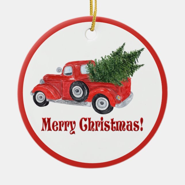 Frohe Weihnachten Roter LKW und Baum Ornament (Vorne)