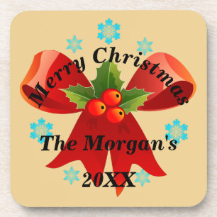 Frohe Weihnachten Roter Ribbon Holly Leaf Getränkeuntersetzer