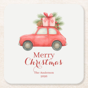 Frohe Weihnachten Rotes Auto – Personalisierte Fei Rechteckiger Pappuntersetzer