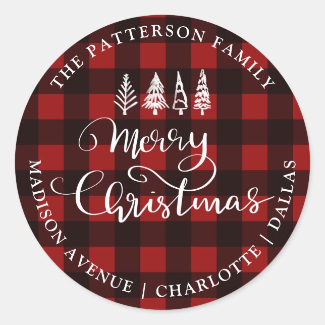 Frohe Weihnachten Rotes Kariertes Muster Rücksende Runder Aufkleber (Vorderseite)