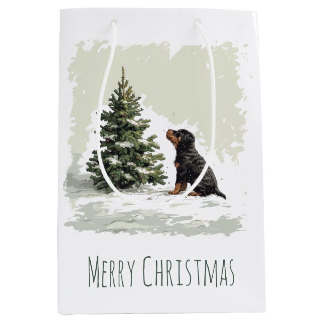 Frohe Weihnachten Rottweiler Dog Weihnachtsbaum Mittlere Geschenktüte (Vorderseite)