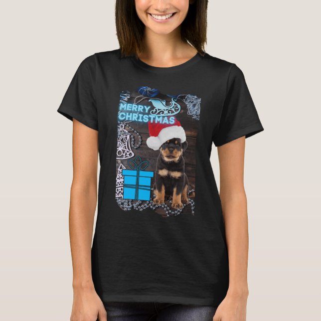 Frohe Weihnachten Rottweiler Welpe mit Gegenwart T-Shirt (Vorderseite)