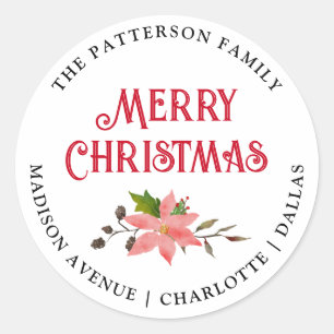 Frohe Weihnachten Rücksendeadresse Poinsettia Fl Runder Aufkleber