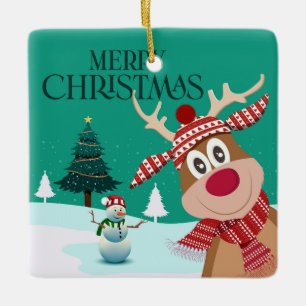 Frohe Weihnachten Rudolph und Snowman Keramikornament