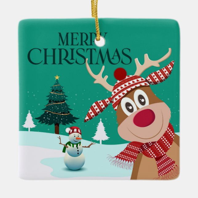 Frohe Weihnachten Rudolph und Snowman Keramikornament (Vorderseite)