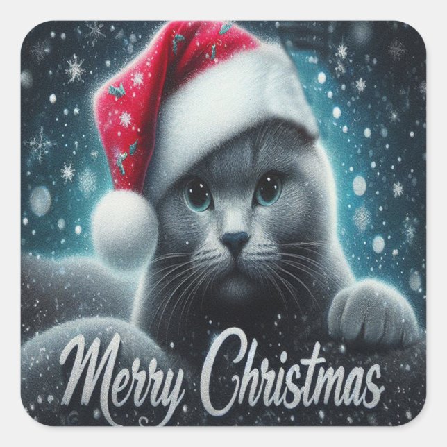 Frohe Weihnachten Russisch blaue Katze, Weihnachts Quadratischer Aufkleber (Vorderseite)