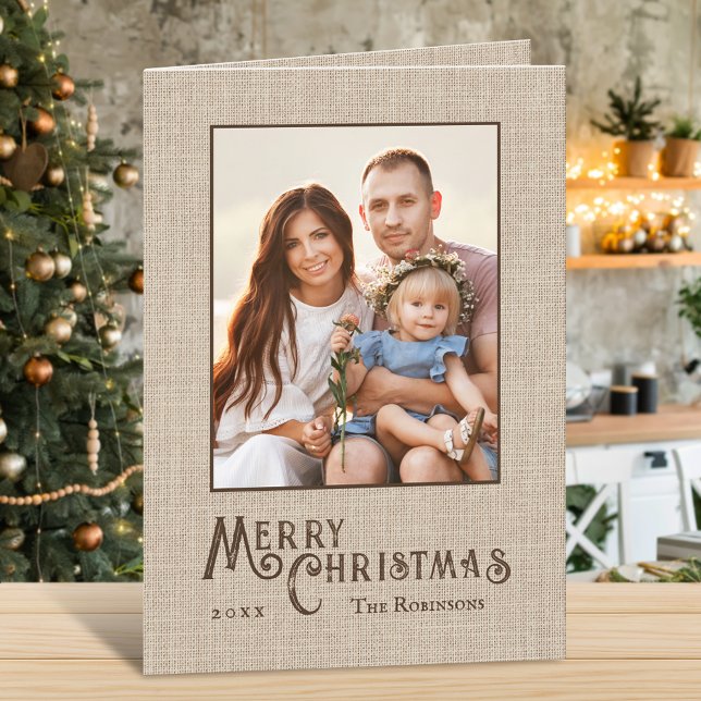 Frohe Weihnachten Rustic Burlap Print Family Foto (Available in high quality print or digital download for quick text messaging, email or self print.)