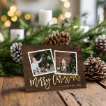Frohe Weihnachten Rustic Gold Script Foto Folien Feiertagskarte<br><div class="desc">Grußkarten mit einfachen Vorlagen zum Anpassen von Fotos, die erschwinglich und individuell bedruckt sind. Dieses rustikale Design verfügt über eine 2-Fotovorlage mit echtem Goldfolienskript-Text auf einem holzaussehenden Hintergrund. Personalisieren Sie es mit Ihren Fotos, Familiennamen, dem Jahr oder anderen benutzerdefinierten Texten. Die Rückseite hat Platz für zusätzliche Fotos und Texte. Verwenden...</div>