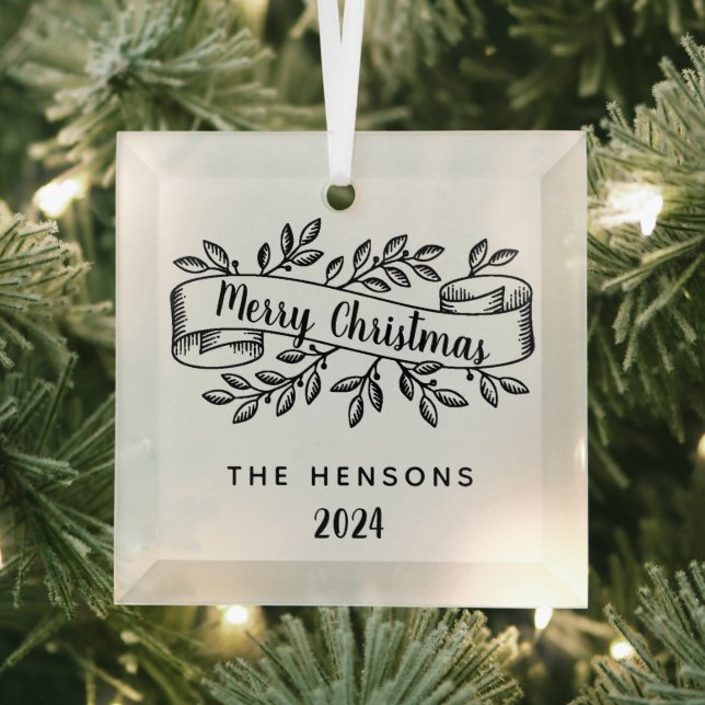 Frohe Weihnachten Rustic Ribbon Familienname Ornament Aus Glas (Insitu)