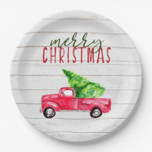 Frohe Weihnachten Rustic Wood Red Truck Vintag nie Pappteller