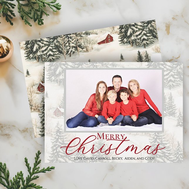 Frohe Weihnachten Rustic Woodland Familie Foto (Rustic Winter Woodland Family Photo Christmas Card. Personalize with your Picture and Names)