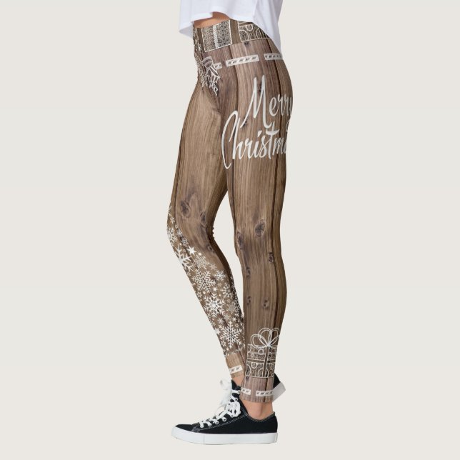 Frohe Weihnachten Rustikale Holzmuster Schneeflock Leggings (Links)