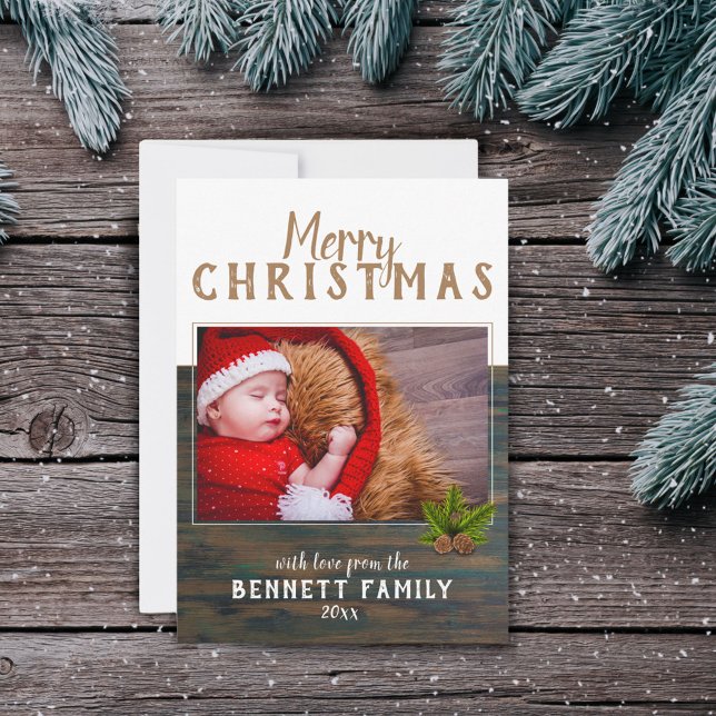 Frohe Weihnachten Rustikale Pine Holiday Fotokarte (Von Creator hochgeladen)