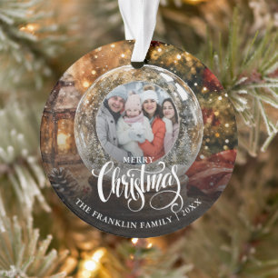 Frohe Weihnachten Rustikale Schneekugel Foto Ornament