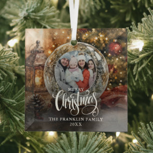 Frohe Weihnachten Rustikale Schneekugel Foto Ornament Aus Glas