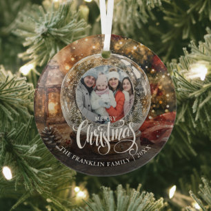Frohe Weihnachten Rustikale Schneekugel Foto Ornament Aus Glas
