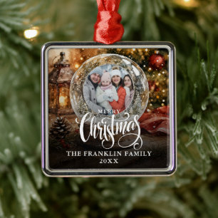 Frohe Weihnachten Rustikale Schneekugel Foto Ornament Aus Metall